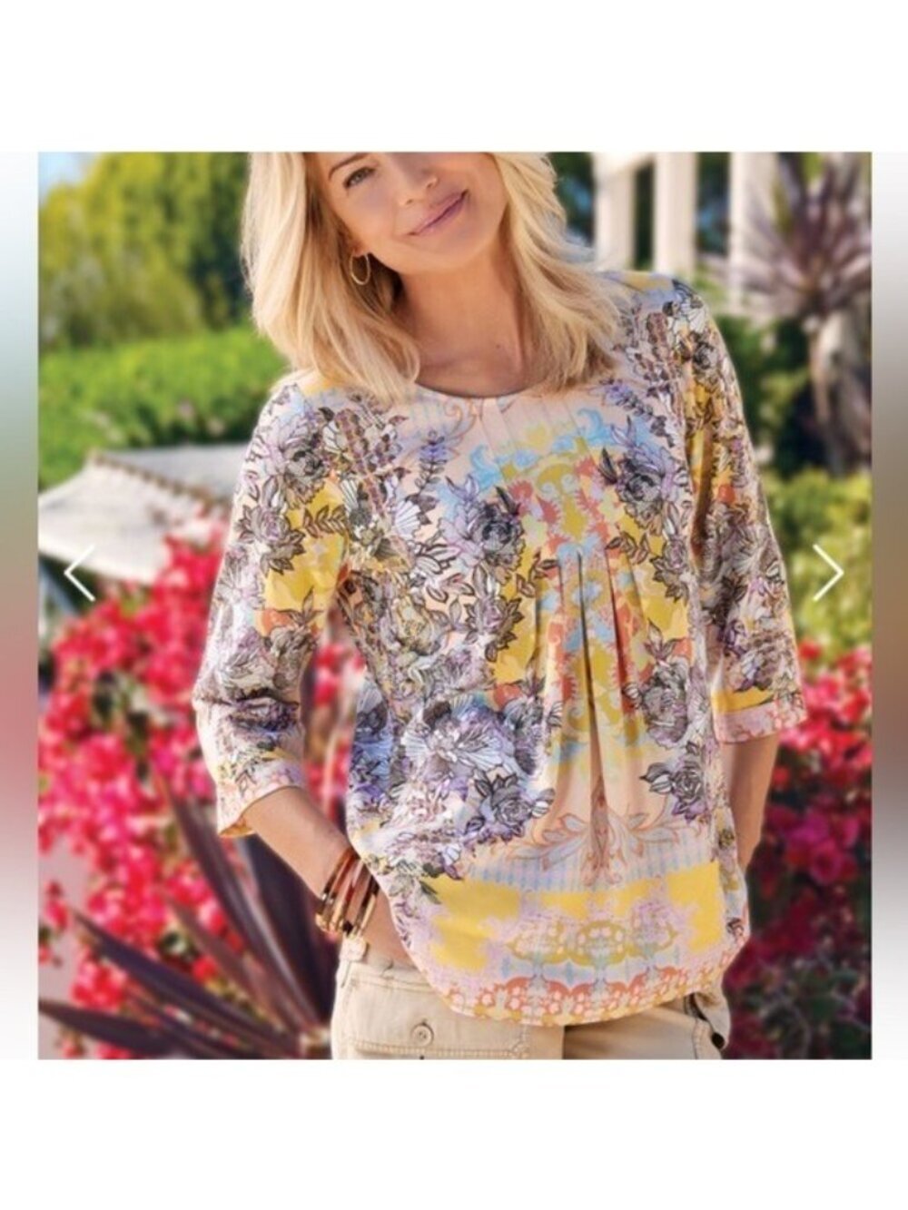 SOFT SURROUNDINGS Westo 3/4 Sleeve Floral Print Top Dusty Peach Size M NEW